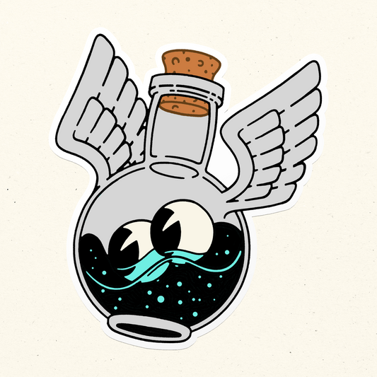 Cute potion bottle with wings and  two cartoon eyes floating in blue liquid.