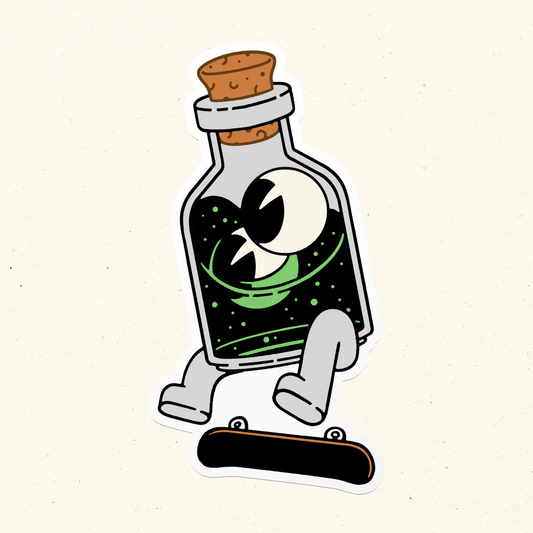 Cute potion bottle with two cartoon eyes floating in green liquid performs a kickflip on a tiny skateboard.   